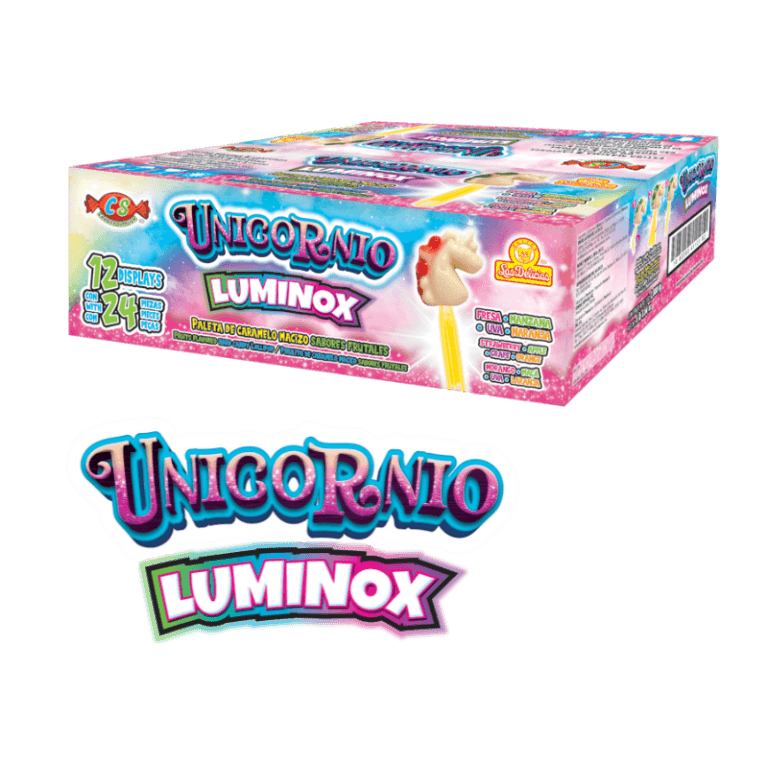 Caja de Unicornio Luminox con paletas de caramelo mazizo de sabores frutales.