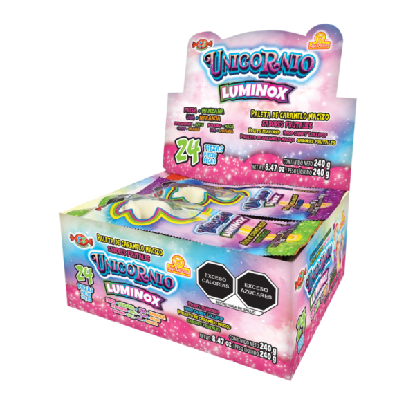 Display de cajas de Unicornio Luminox mostrando múltiples paquetes.