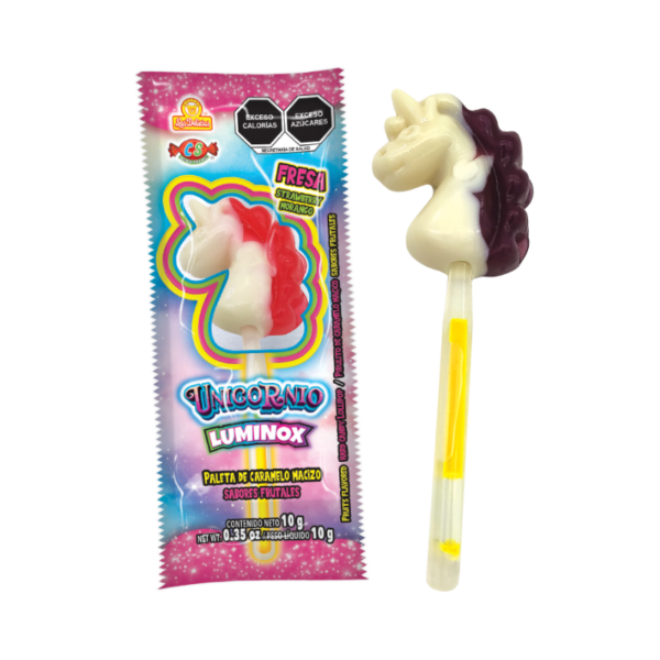 Paleta Unicornio Luminox individual de sabores frutales.