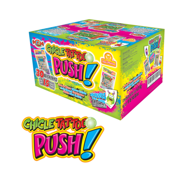 Caja mayorista de Chicle Tattoo Push con diseño colorido y especificaciones de contenido.