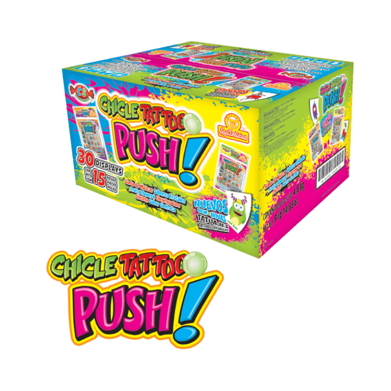 Caja mayorista de Chicle Tattoo Push con diseño colorido y especificaciones de contenido.
