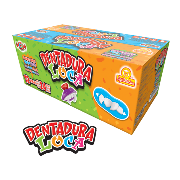 Caja de Dentadura Loca con 24 piezas de caramelos macizos en forma de dentaduras.