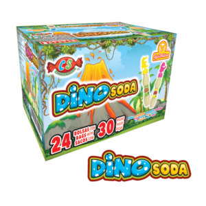 Caja de Dino Soda con polvo acidulado sabor frutas y tapas de dinosaurio.