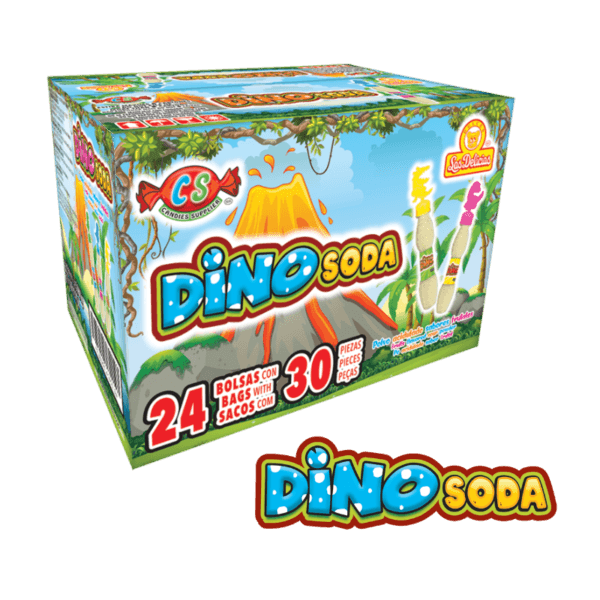 Caja de Dino Soda con polvo acidulado sabor frutas y tapas de dinosaurio.