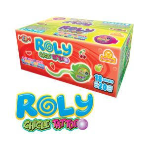 Caja de Roly Chicle Tattoo, colores brillantes con texto promocional