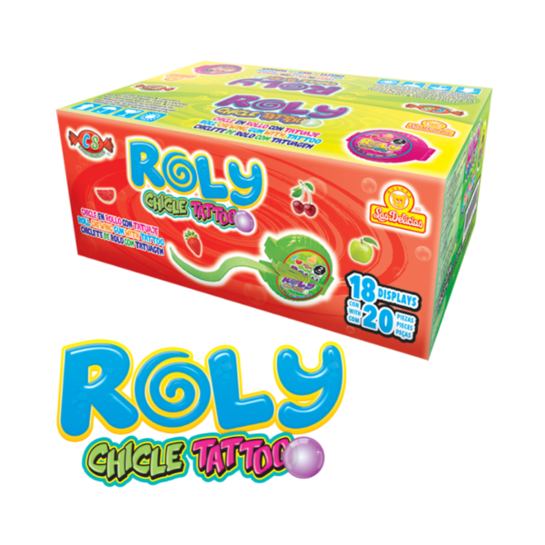 Caja de Roly Chicle Tattoo, colores brillantes con texto promocional