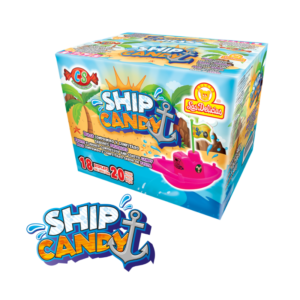 Caja de Ship Candy con gráficos de un barco pirata y dulces coloridos.