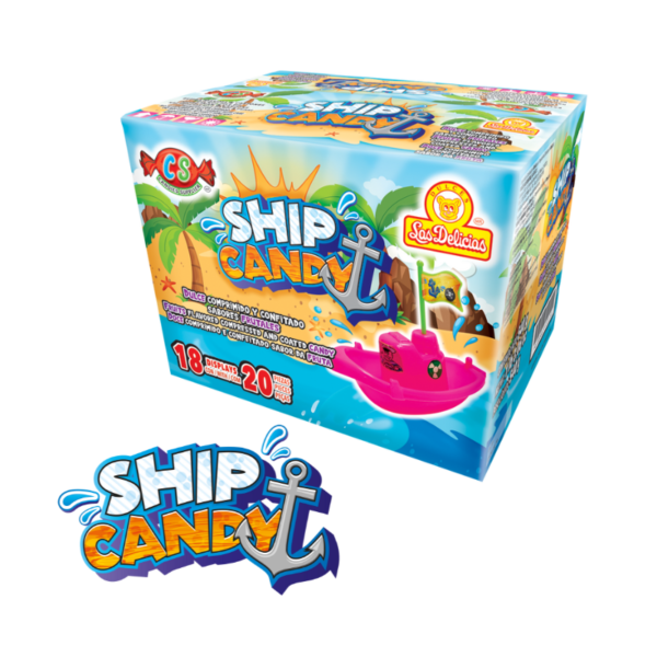 Caja de Ship Candy con gráficos de un barco pirata y dulces coloridos.