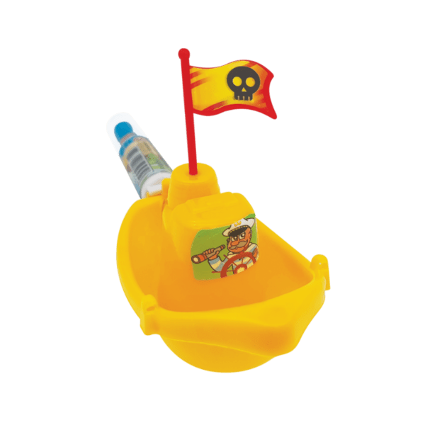 Caramelo Ship Candy en envase de barco pirata amarillo con bandera.