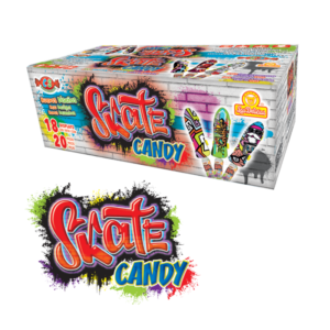 Caja de Skate Candy con diseño de tablas de skate y logotipo colorido.