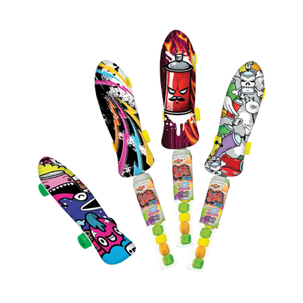 Caramelos Skate Candy en tubos de diseño único con gráficos de skate.