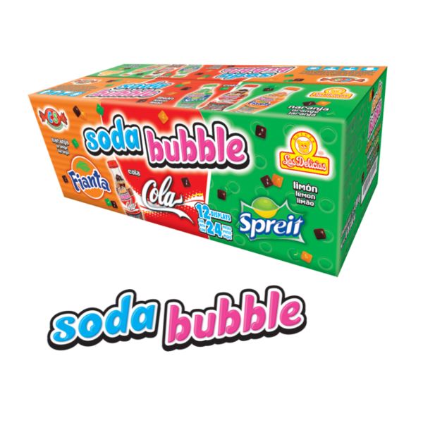 Caja de Soda Bubble con diseño colorido destacando sabores de Cola, Limón y Naranja.