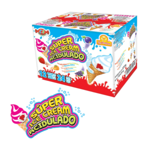 Caja de Super Ice Cream Acidulado con diseño colorido, destacando sabores de fresa, limón y uva.