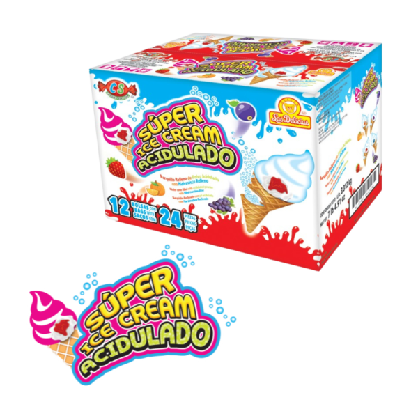 Caja de Super Ice Cream Acidulado con diseño colorido, destacando sabores de fresa, limón y uva.