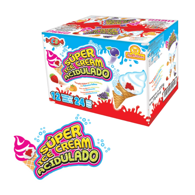 Caja de Super Ice Cream Acidulado con diseño colorido, destacando sabores de fresa, limón y uva.