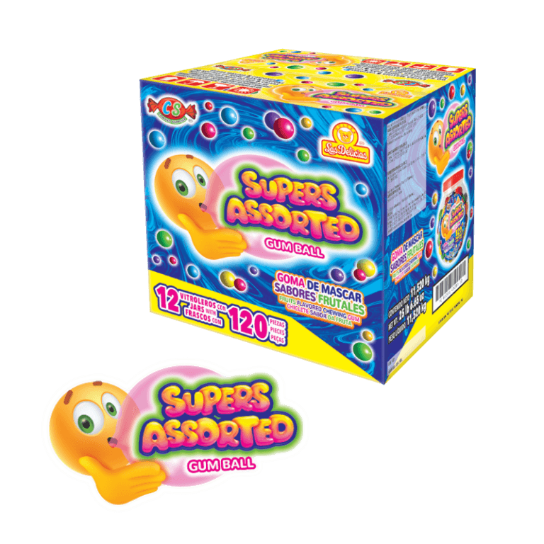 Caja colorida de Supers Assorted mostrando gomas de mascar de varios colores con detalles de sus sabores frutales.