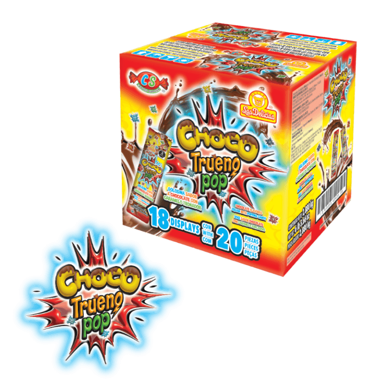 Caja de Choco Trueno Pop con 18 displays de paletas tronadoras de chocolate