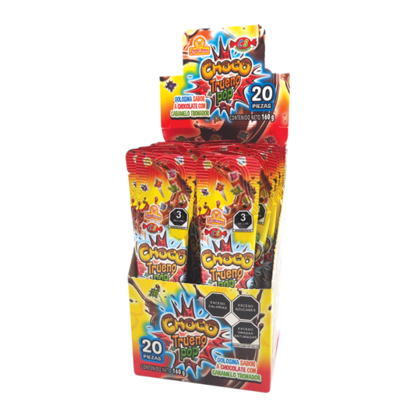 Display de Choco Trueno Pop con paletas de chocolate tronadoras