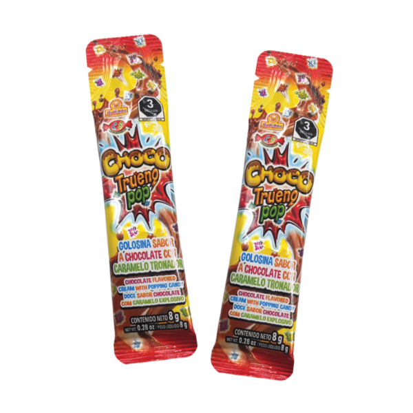 Paleta individual de Choco Trueno Pop con chocolate y caramelos tronadores