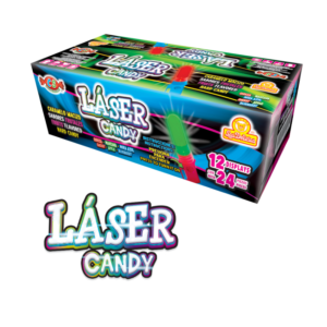 Caja completa de Laser Candy con 12 displays de paletas de caramelo frutal