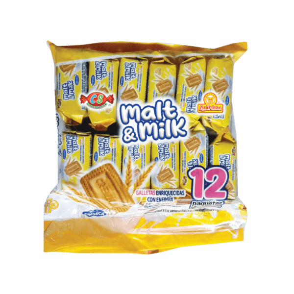 Display de 12 paquetes de galletas Malt & Milk.
