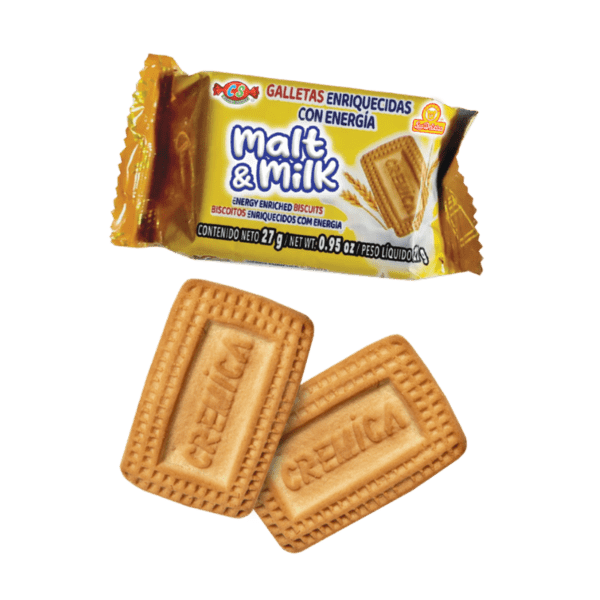 Paquete individual de galletas Malt & Milk con malta y leche.