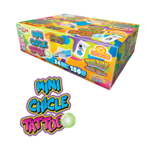 Caja de Mini Chicle Tattoo Bolsa con 24 bolsas de 150 piezas de chicles frutales con tatuajes coleccionables.