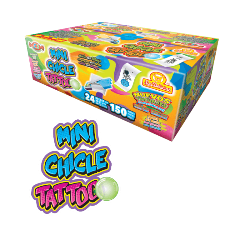 Caja de Mini Chicle Tattoo Bolsa con 24 bolsas de 150 piezas de chicles frutales con tatuajes coleccionables.