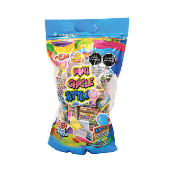Bolsa de Mini Chicle Tattoo con 150 piezas de chicles frutales y tatuajes coleccionables.