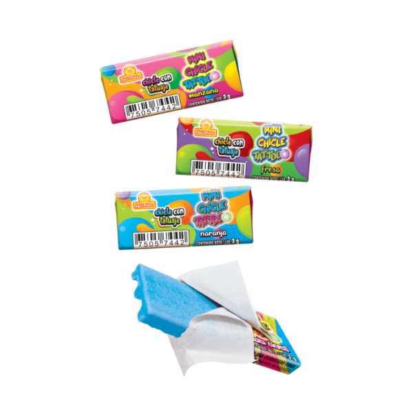 Chicles individuales de Mini Chicle Tattoo con tatuajes coleccionables y sabores frutales.