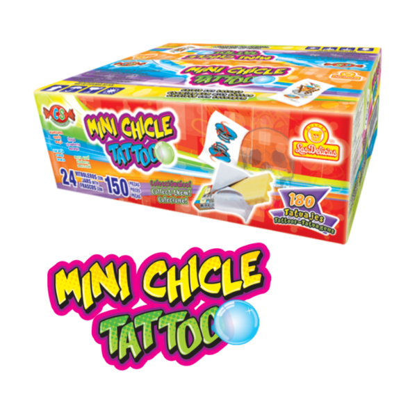 Caja de Mini Chicle Tattoo con 24 bolsas y 150 piezas de chicles con tatuajes coleccionables.