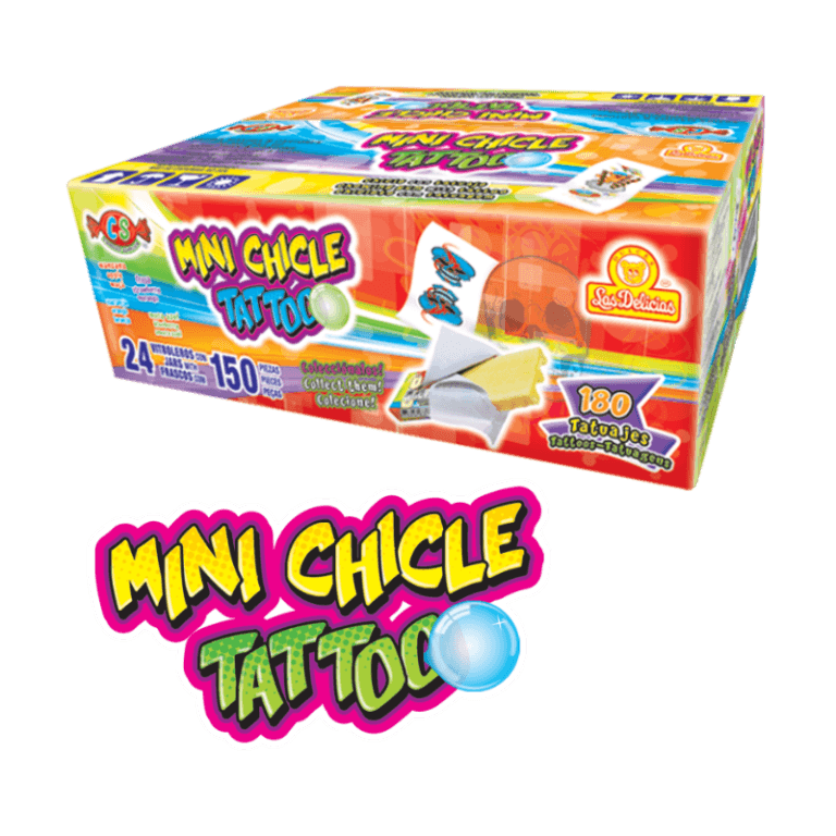 Caja de Mini Chicle Tattoo con 24 bolsas y 150 piezas de chicles con tatuajes coleccionables.