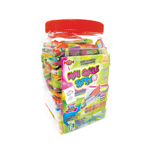 Display de Mini Chicle Tattoo con 150 piezas de chicles sabor frutal y tatuajes coleccionables.