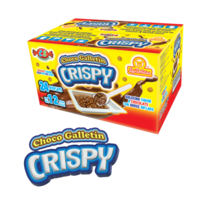 Caja mayorista Choco Galletin Crispy de 24 displays con 12 unidades, diseño amarillo con imágenes de chocolate y branding de Las Delicias.