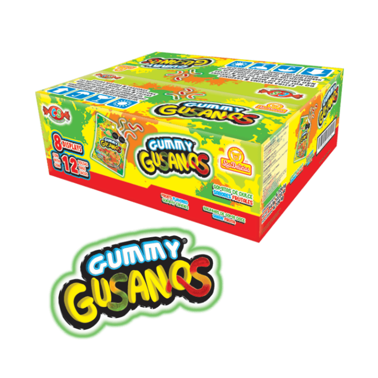 Caja mayorista de Gummy Gusanos 70g con 8 displays de gomitas frutales en forma de gusanos.