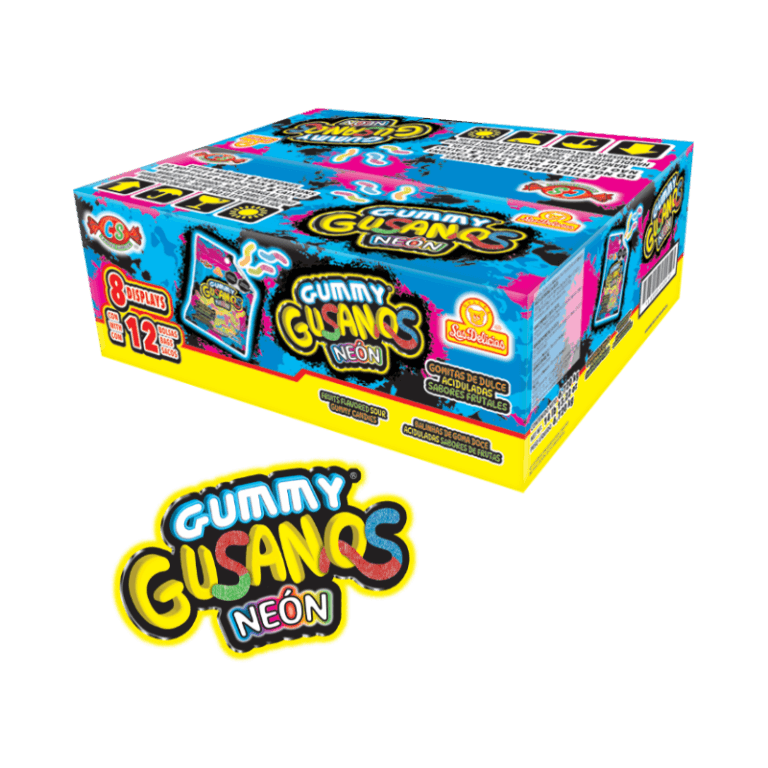 Fotografía de la caja mayorista de Gummy Gusanos Neón 70g, con colores vibrantes y diseño llamativo.