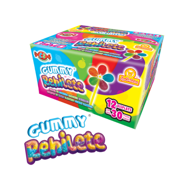 Caja de Gummy Rehilete con 12 displays de paletas de gomitas frutales en forma de rehilete.