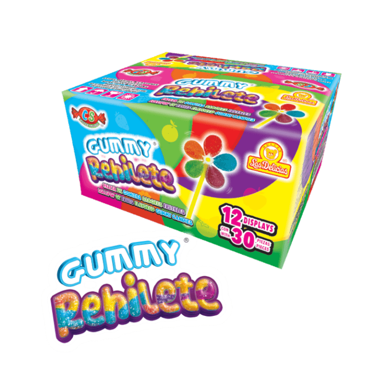 Caja de Gummy Rehilete con 12 displays de paletas de gomitas frutales en forma de rehilete.