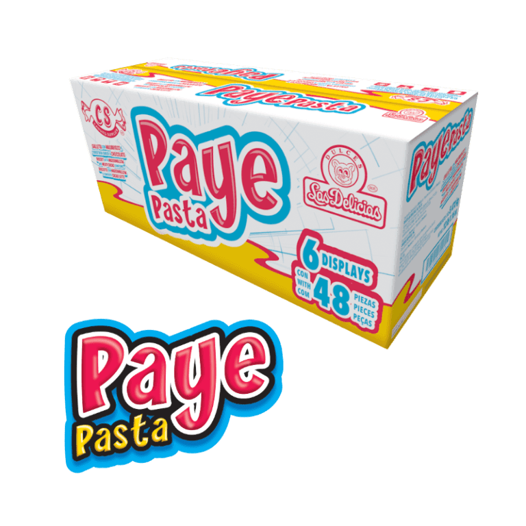 Caja de Paye Pasta con 6 displays y 48 piezas individuales, galletas rellenas y cubiertas de chocolate.
