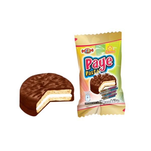 Galleta Paye Pasta individual con relleno cremoso y cobertura de chocolate.