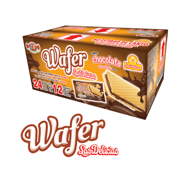 Caja de Wafer Las Delicias Chocolate con 24 bolsas y 12 paquetes individuales.