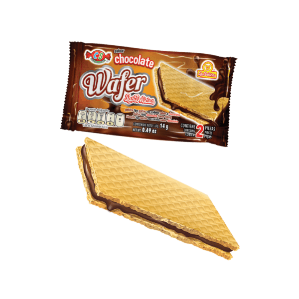 Paquete individual de Wafer Las Delicias Chocolate con galleta crujiente y relleno de chocolate.