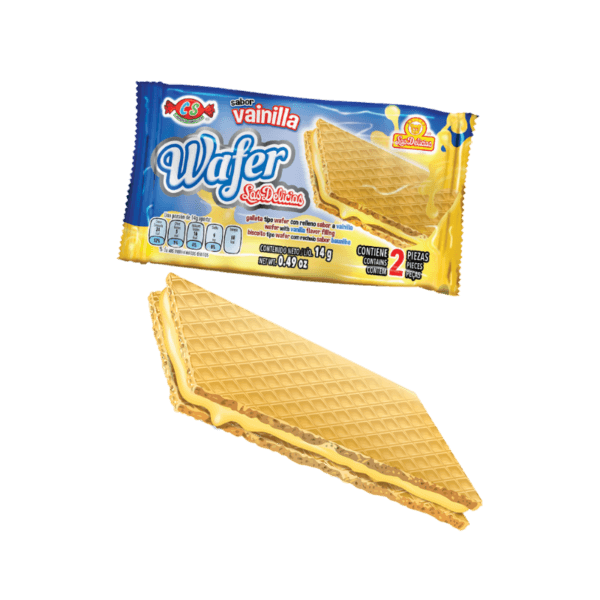 Paquete individual de Wafer Las Delicias Vainilla con dos piezas de wafer crujiente