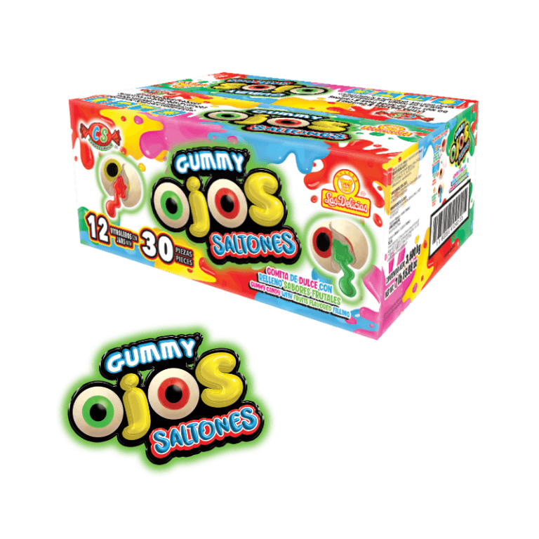 Caja de Gummy Ojos Saltones con 12 tarros