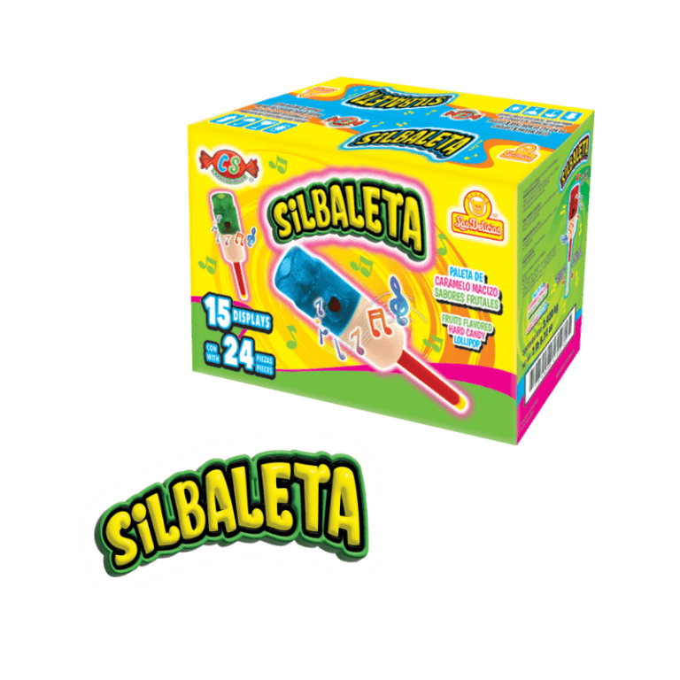 Caja mayorista de Silbaleta con 15 displays de 24 paletas frutales con silbato