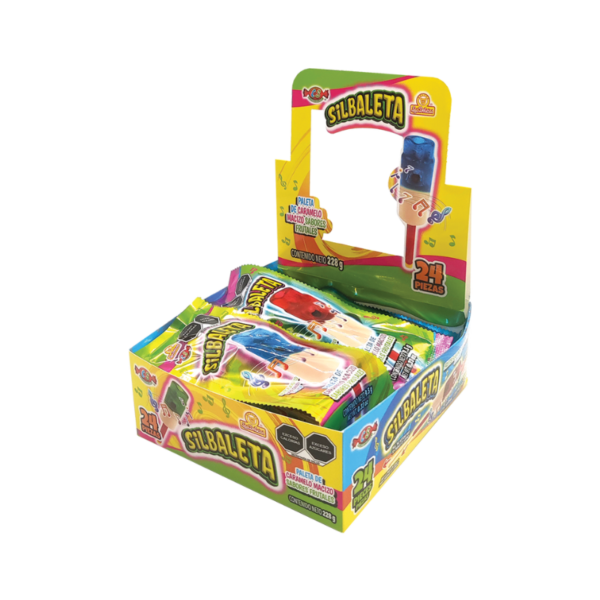 Display abierto de Silbaleta con paletas de caramelo frutales