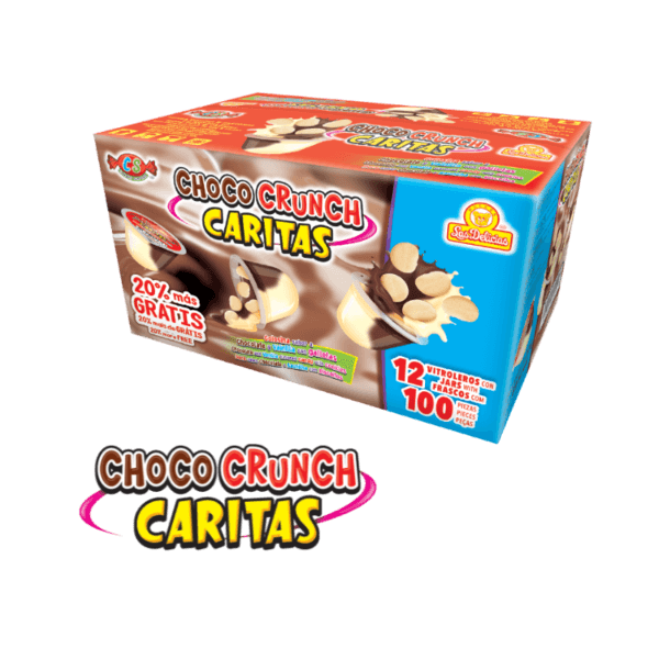 Caja mayorista de Choco Crunch Caritas con 12 vitroleros