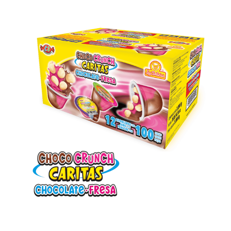 Caja mayorista de Choco Crunch Caritas Chocolate-Fresa con 12 vitroleros