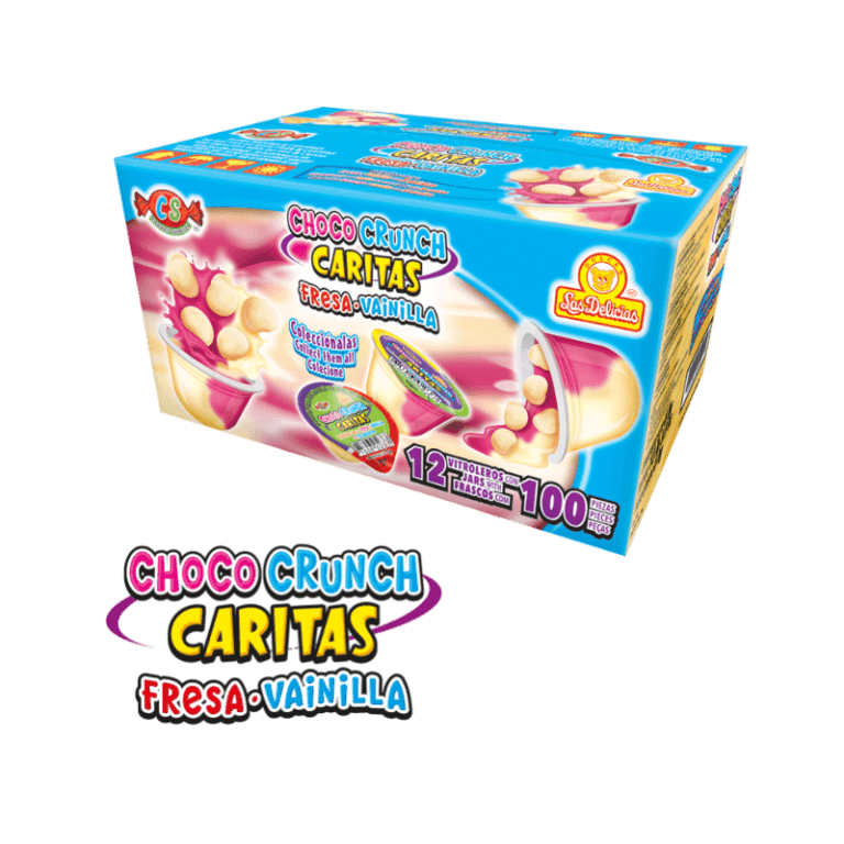 Caja mayorista de Choco Crunch Caritas Fresa-Vainilla con 12 displays