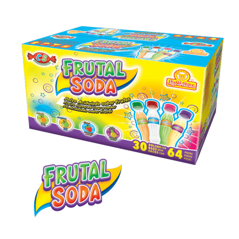 Caja del producto Frutal Soda con 30 bolsas y diseño colorido